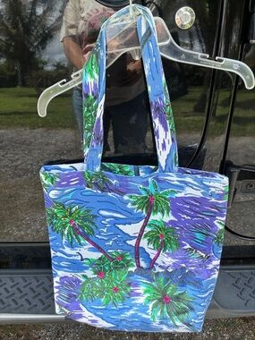 Blue Tropical Palm Print Tote Bag by